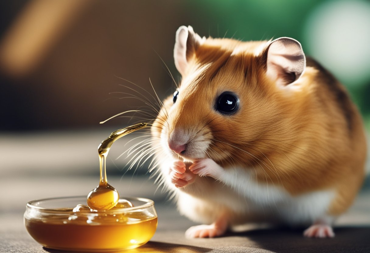 A hamster sniffs a dollop of honey, then nibbles cautiously