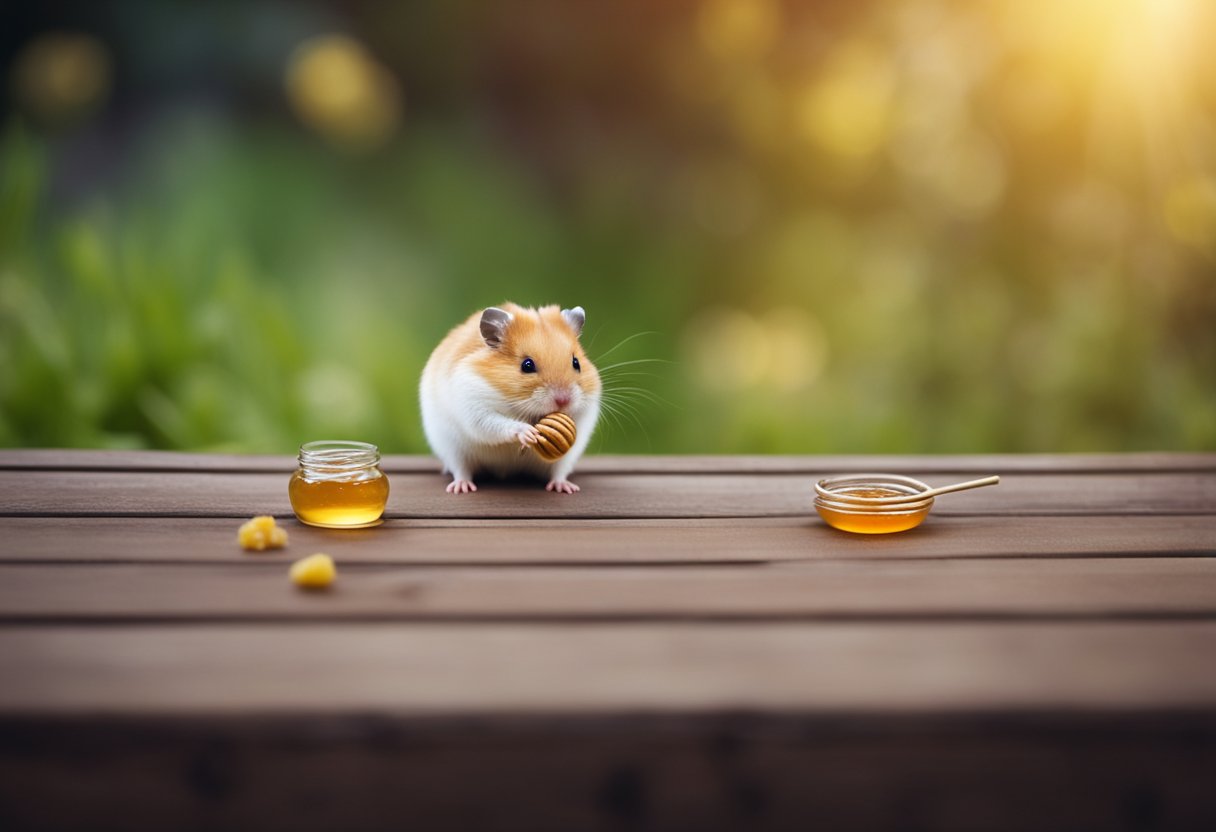 A curious hamster sniffs a dollop of honey on a wooden surface