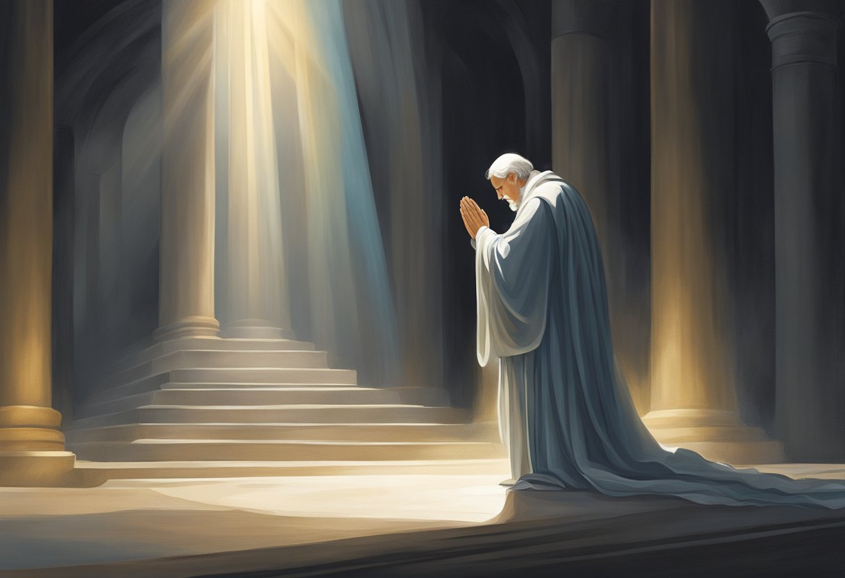 A figure stands in a beam of light, surrounded by darkness. Head bowed, hands clasped in prayer, seeking divine guidance