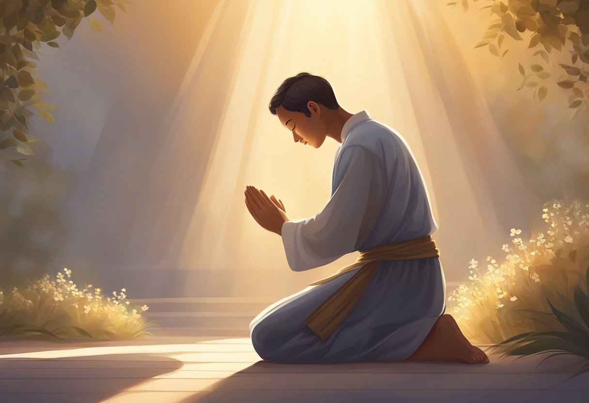 A figure kneels in prayer, surrounded by a soft, warm light. The atmosphere is peaceful and serene, with a sense of calm and clarity