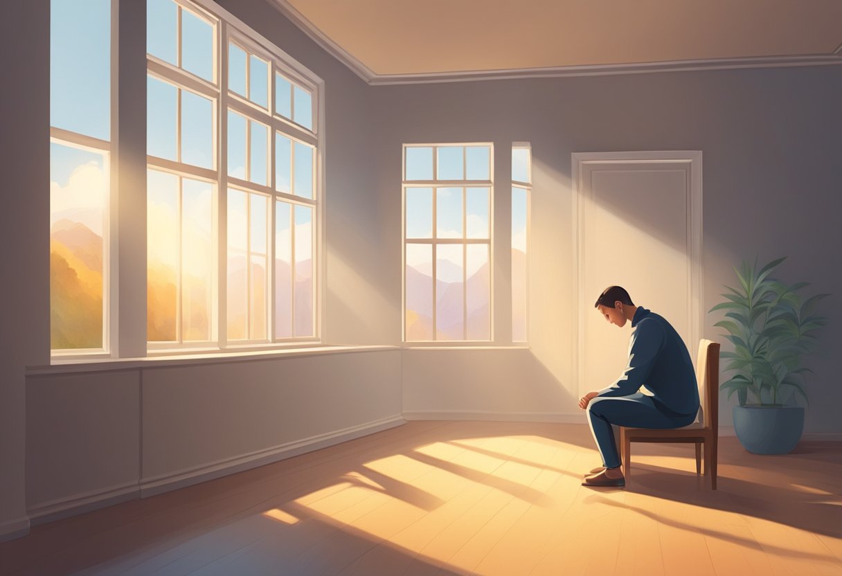 A person sits in a quiet room, head bowed in prayer. Sunlight filters through the window, casting a warm glow. A sense of peace and contemplation fills the space