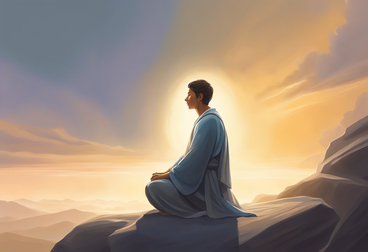 A figure kneels in prayer, surrounded by a soft glow of light, seeking guidance and wisdom from above. The atmosphere is serene and peaceful, conveying a sense of contemplation and introspection