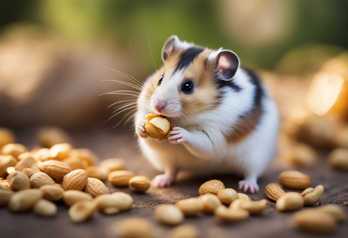 A hamster eagerly nibbles on a peanut, its tiny paws holding the shell steady as it gnaws away