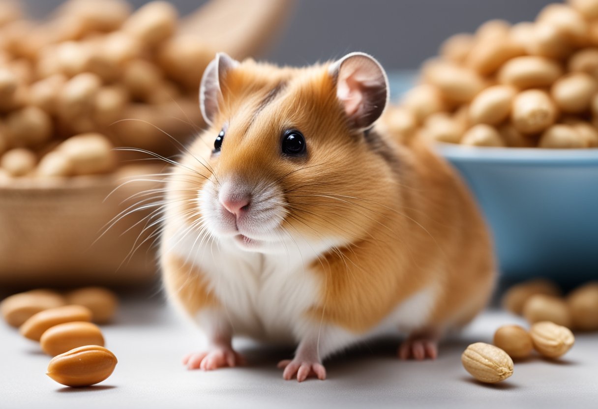 A hamster surrounded by peanuts, with a nutritional chart in the background