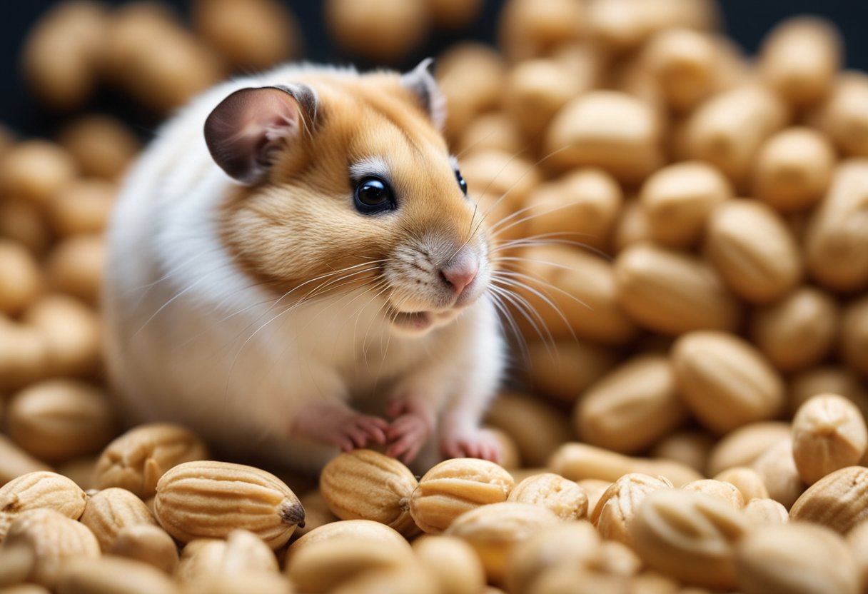 Hamsters surrounded by peanuts, some eating, others looking curious. Warning signs in the background