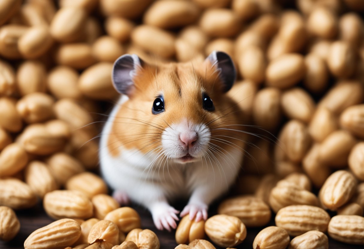 A hamster surrounded by peanuts, looking at them curiously