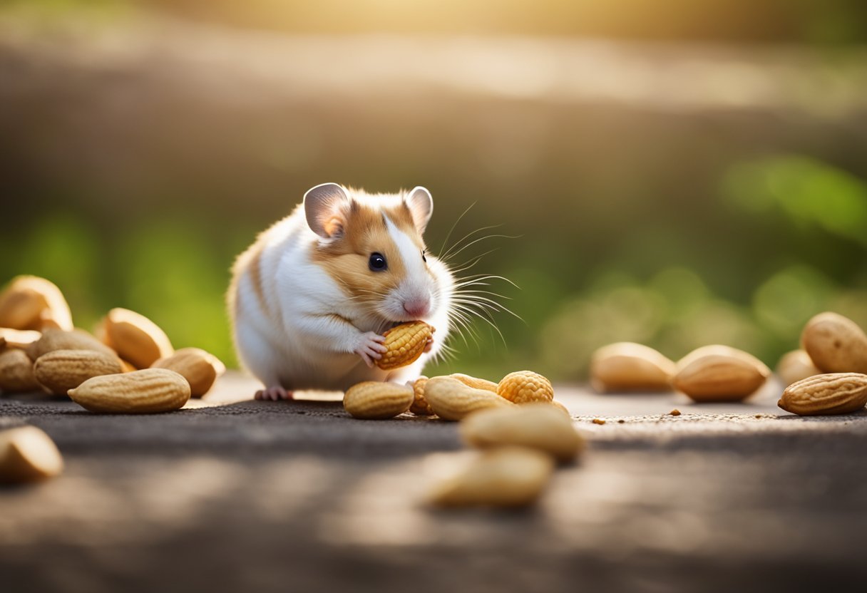 A hamster eagerly nibbles on a peanut, its tiny paws clutching the shell as it munches away