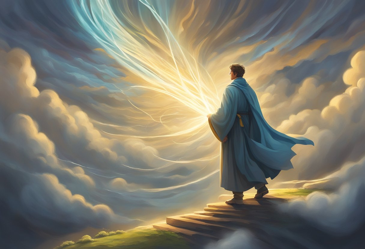 A figure stands at a crossroads, surrounded by swirling winds and tangled paths. A beam of light breaks through the clouds, illuminating the figure as they seek divine guidance