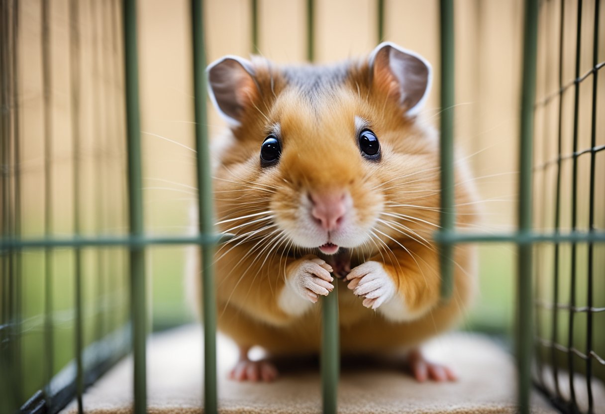 A hamster sits in its cage, eagerly nibbling on a peanut. A sign above reads "Frequently Asked Questions: Can hamsters eat peanuts?"
