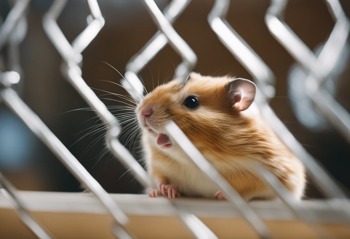 A hamster gnaws its cage bars, showing frustration and boredom