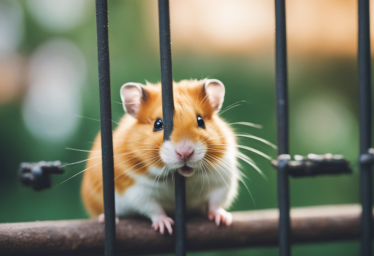 A hamster gnaws on the metal bars of its cage, showing signs of frustration or boredom