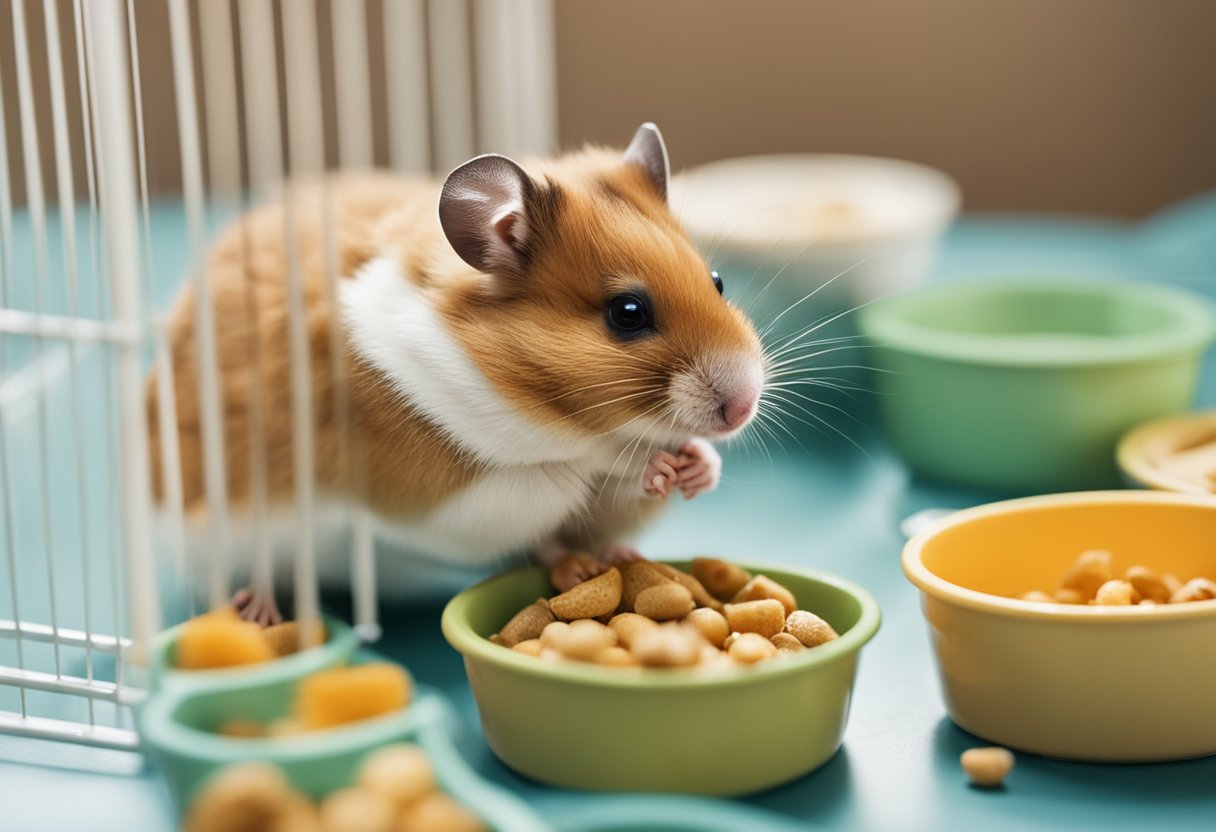 A hamster biting its cage, surrounded by empty food and water bowls, with a lack of enrichment items and a small, cramped cage