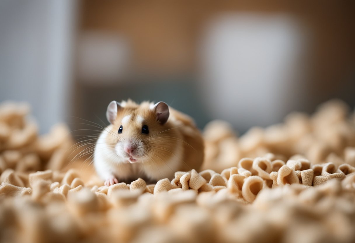 A hamster biting the bars of its cage, with a puzzled expression and scattered bedding