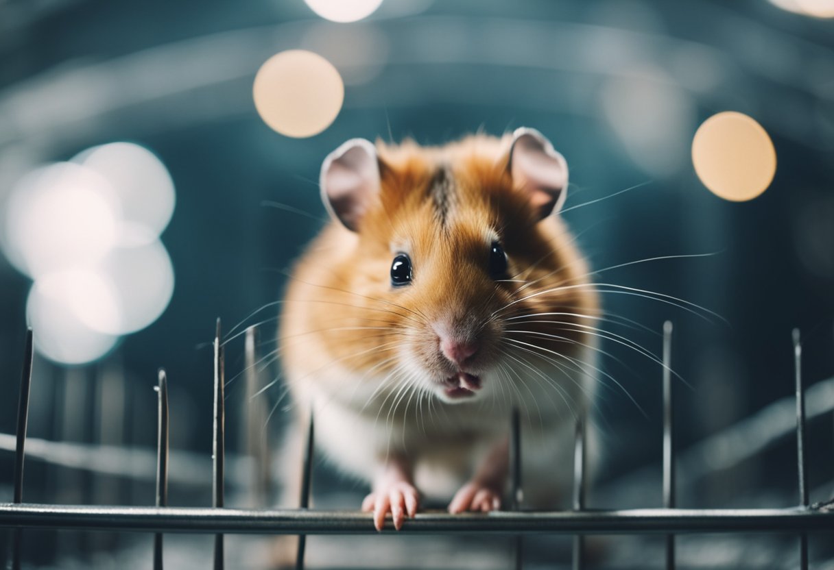A hamster gnaws on the metal bars of its cage, its tiny teeth visible as it tries to escape confinement
