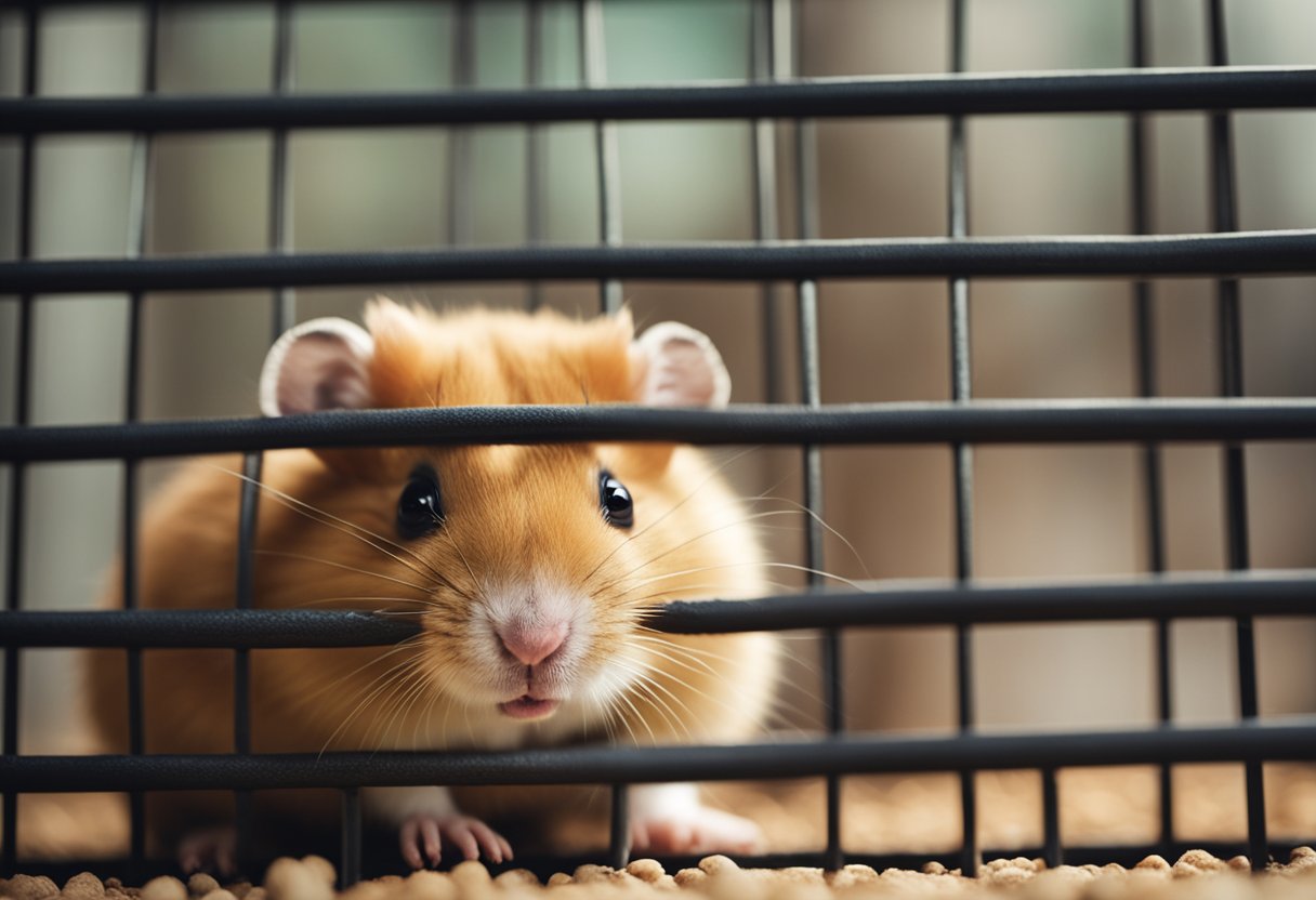 A hamster biting on the bars of its cage, with a puzzled expression on its face
