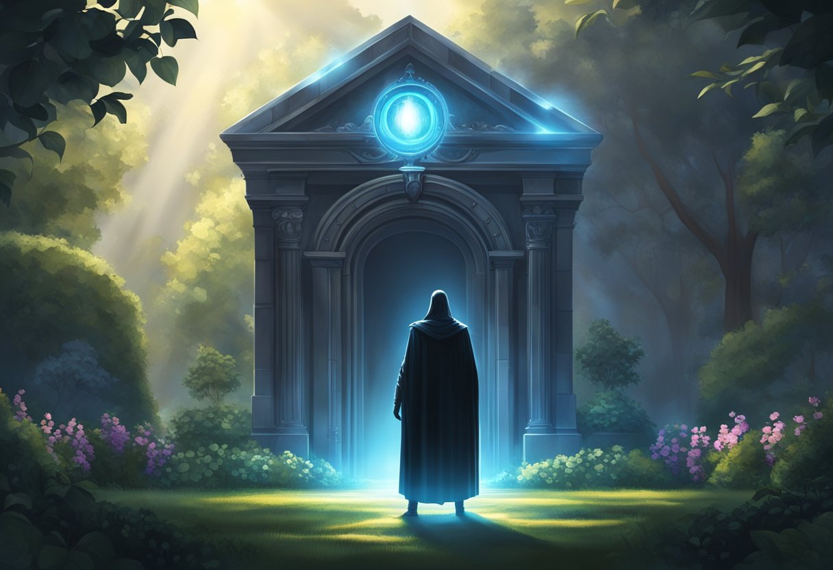 A glowing shield surrounds a peaceful garden, repelling dark shadows and sinister figures. A beam of light emanates from above, illuminating the protective barrier