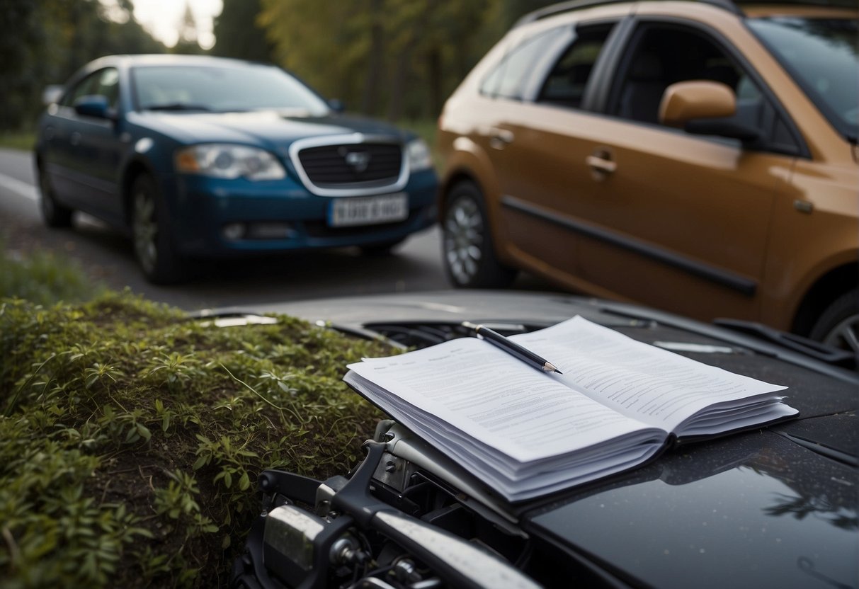 A car parked on the side of the road with a damaged front end. An insurance adjuster taking notes and examining the damage. Documents and forms scattered on the hood of the car