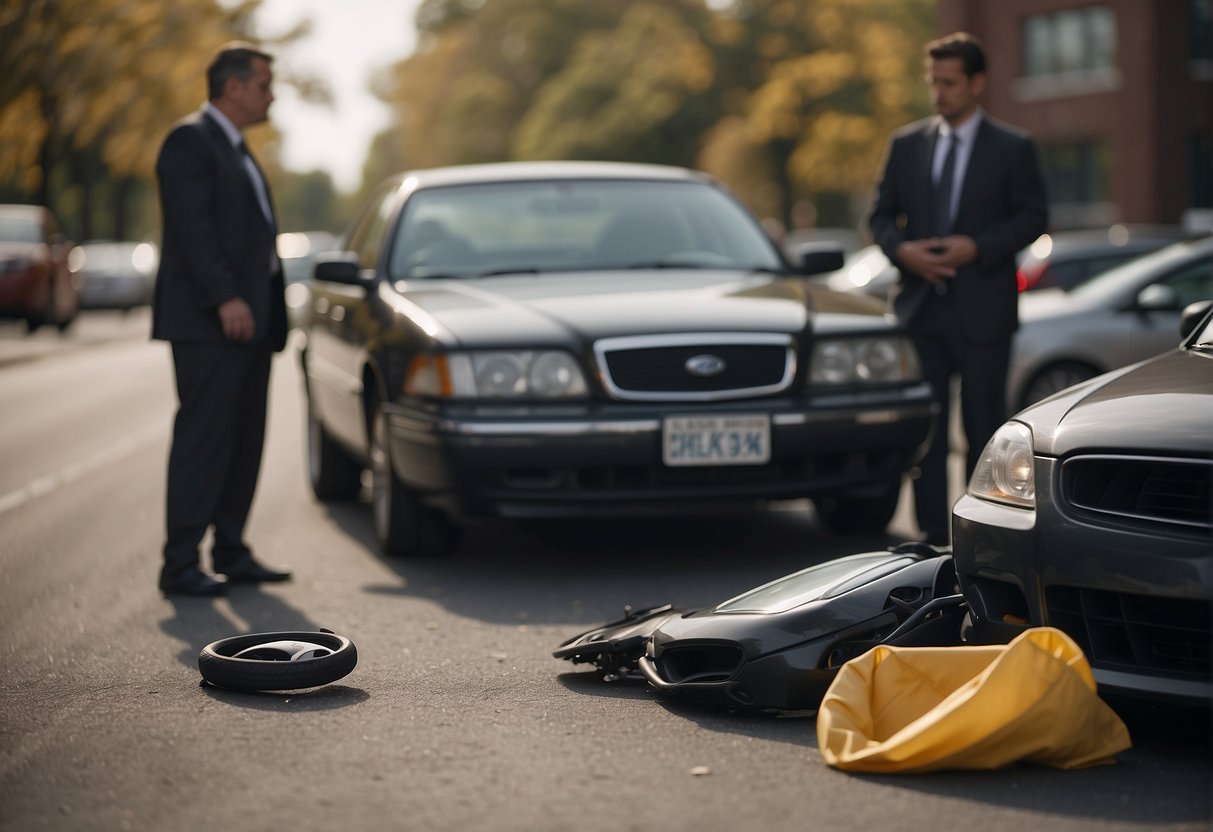 A car accident scene with a lawyer discussing insurance claims and potential mistakes to avoid