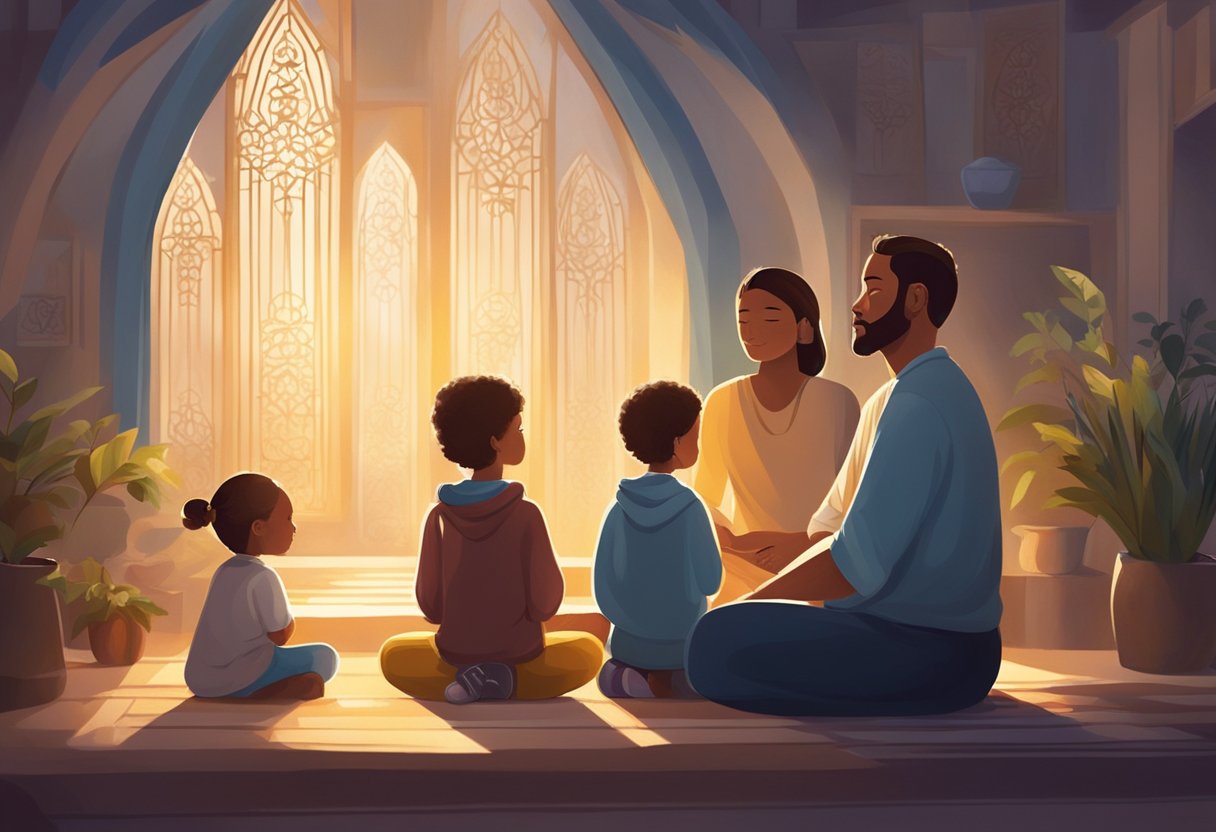 A family sitting together in prayer, surrounded by symbols of religious teachings and unity. Rays of light shining down, creating a peaceful and harmonious atmosphere