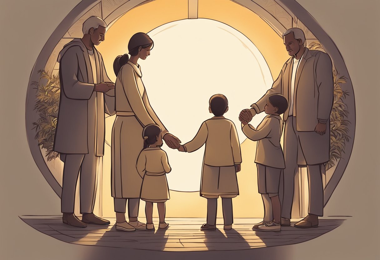 A family holding hands in a circle, surrounded by a warm glow, with their heads bowed in prayer. The atmosphere is peaceful and serene, with a sense of unity and harmony