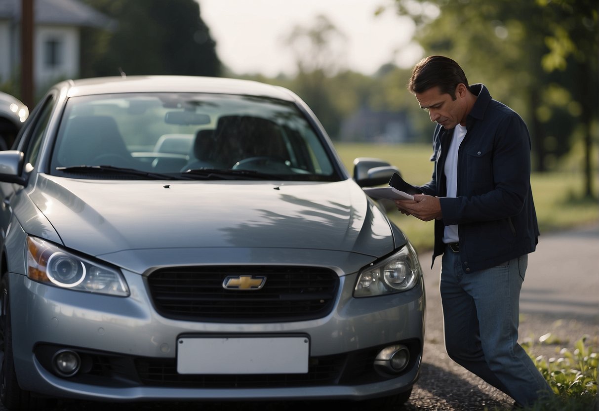 An insurance adjuster carefully examines vehicle damage after a car accident, taking notes and photographs for assessment