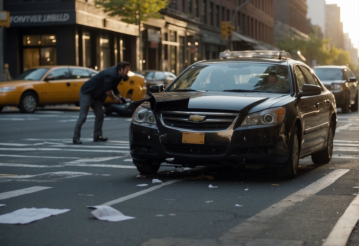 A car collides with another vehicle on a New York street, while the driver looks on in frustration, holding their insurance information