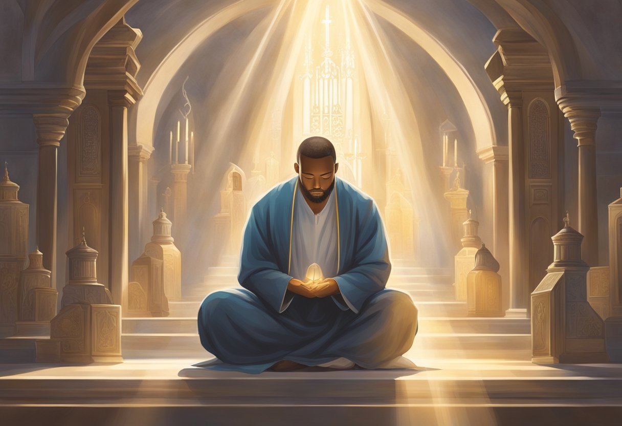 A figure kneels in prayer, surrounded by symbols of faith and scripture. Light streams down, representing divine intervention in response to intercessory prayer