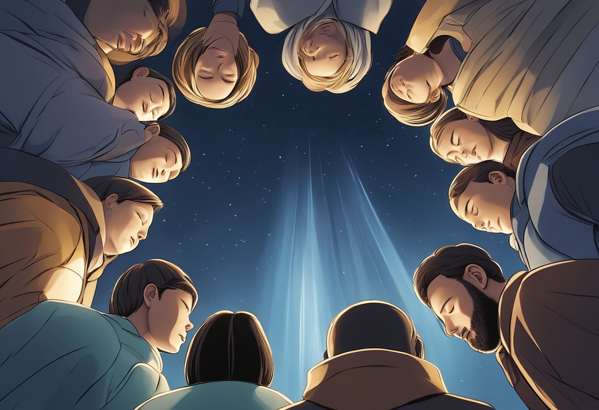 A group of people gather in a circle, heads bowed in prayer, as beams of light shine down from above, symbolizing the power and purpose of intercessory prayer