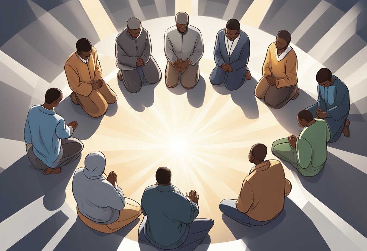 A group of people kneeling in a circle, heads bowed in prayer, with a sense of unity and purpose. Rays of light shining down on them, symbolizing the power and effectiveness of intercessory prayer