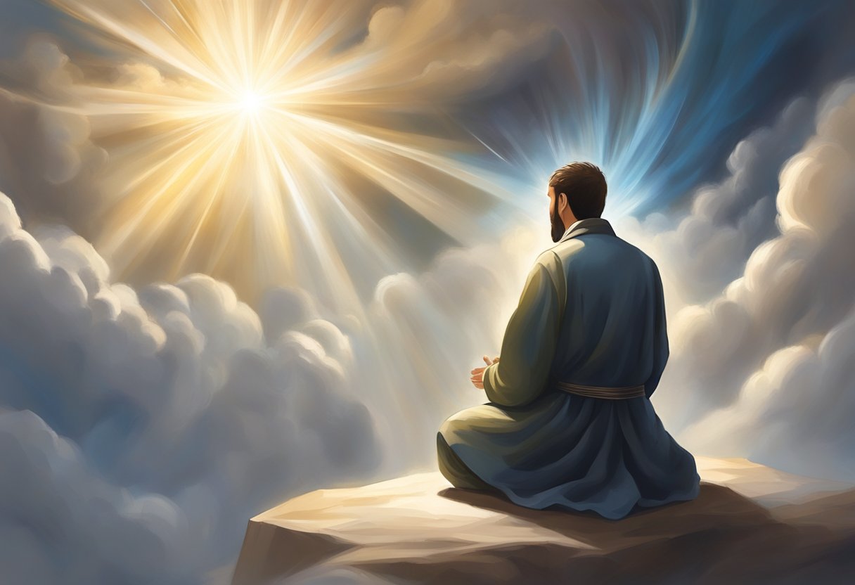 A figure kneels in prayer, surrounded by swirling clouds and beams of light, representing the challenges and effectiveness of intercessory prayer
