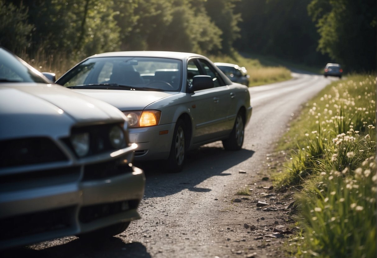 A car with visible damage sits on the side of the road. A person talks to an insurance adjuster, while another takes photos of the accident scene