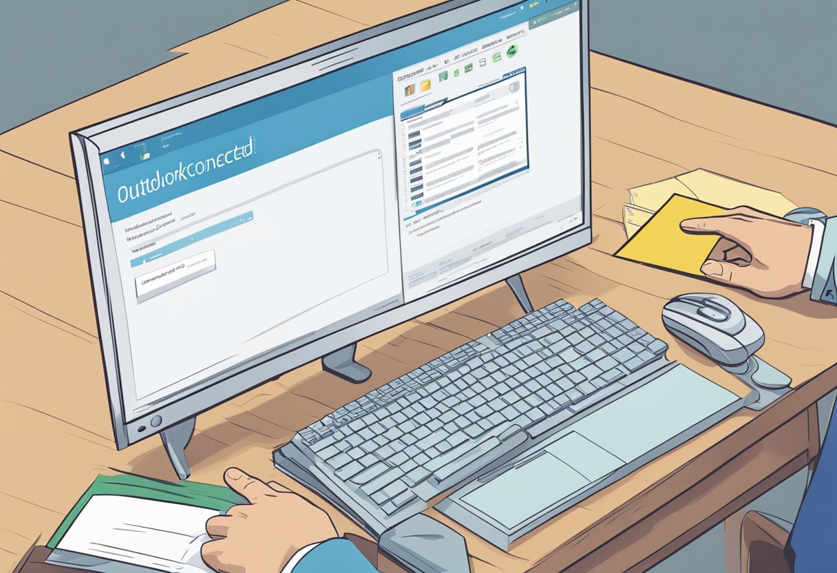 A computer screen shows an error message "Outlook Disconnected." A hand reaches for the mouse to troubleshoot the issue