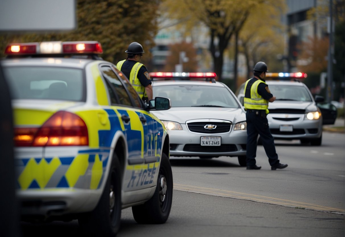 Emergency vehicles surround a damaged car. Drivers exchange information while taking photos. A lawyer speaks with one driver