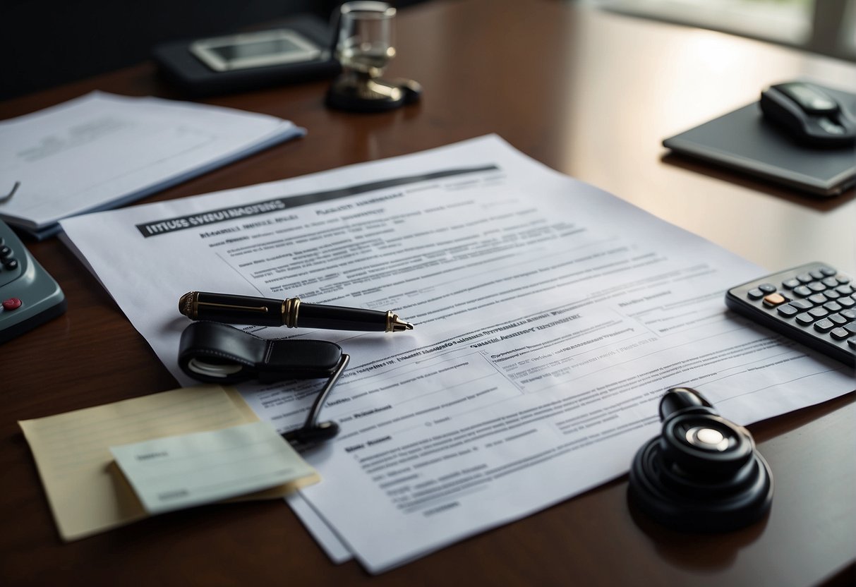 A person meeting with a lawyer to discuss car accident insurance settlement and legal considerations. Documents and insurance paperwork are spread out on a desk