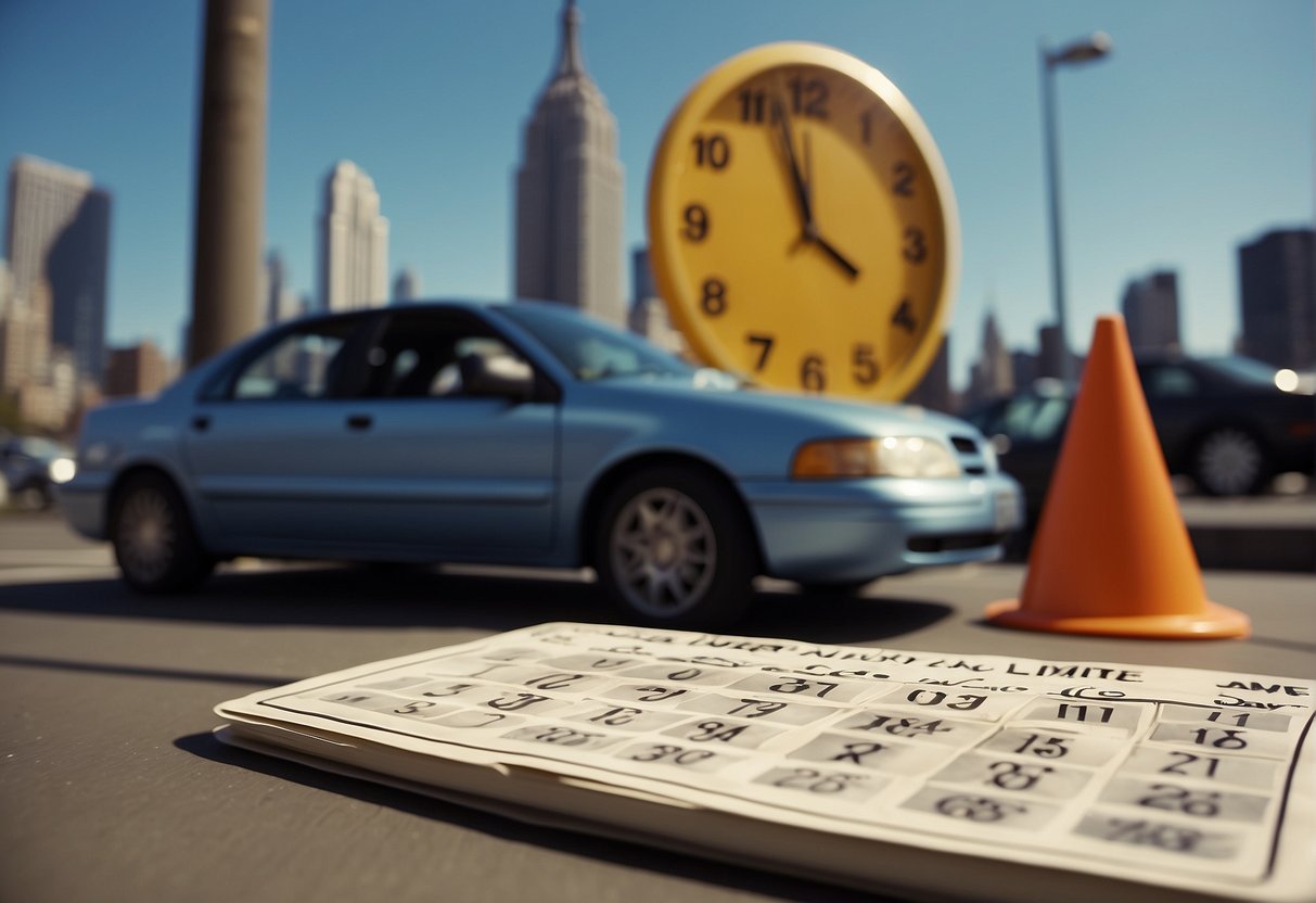 A calendar with dates passing by, a clock ticking, and a car accident scene with a "Time Limit" sign in New York