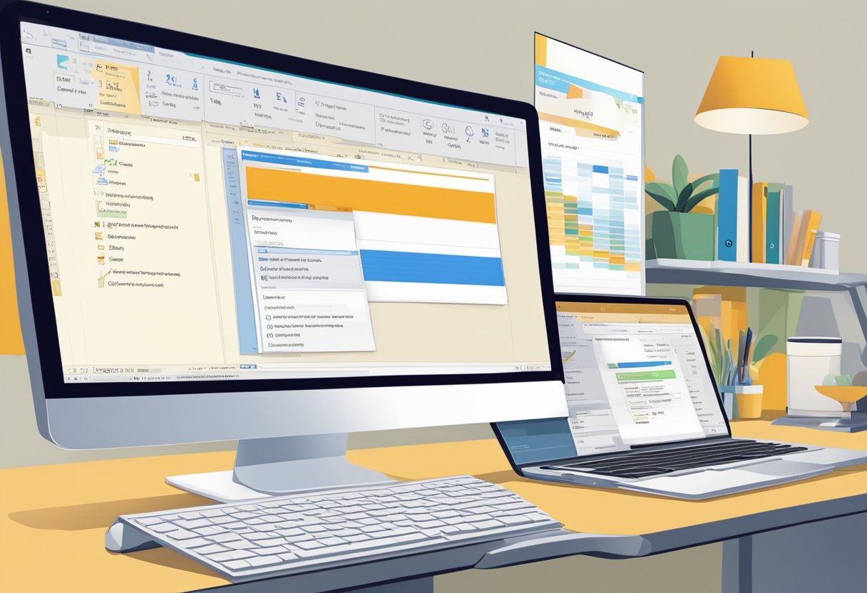 A computer screen displaying the Outlook interface with a cursor inserting a table into an email body. The table is being adjusted and formatted for maximum productivity