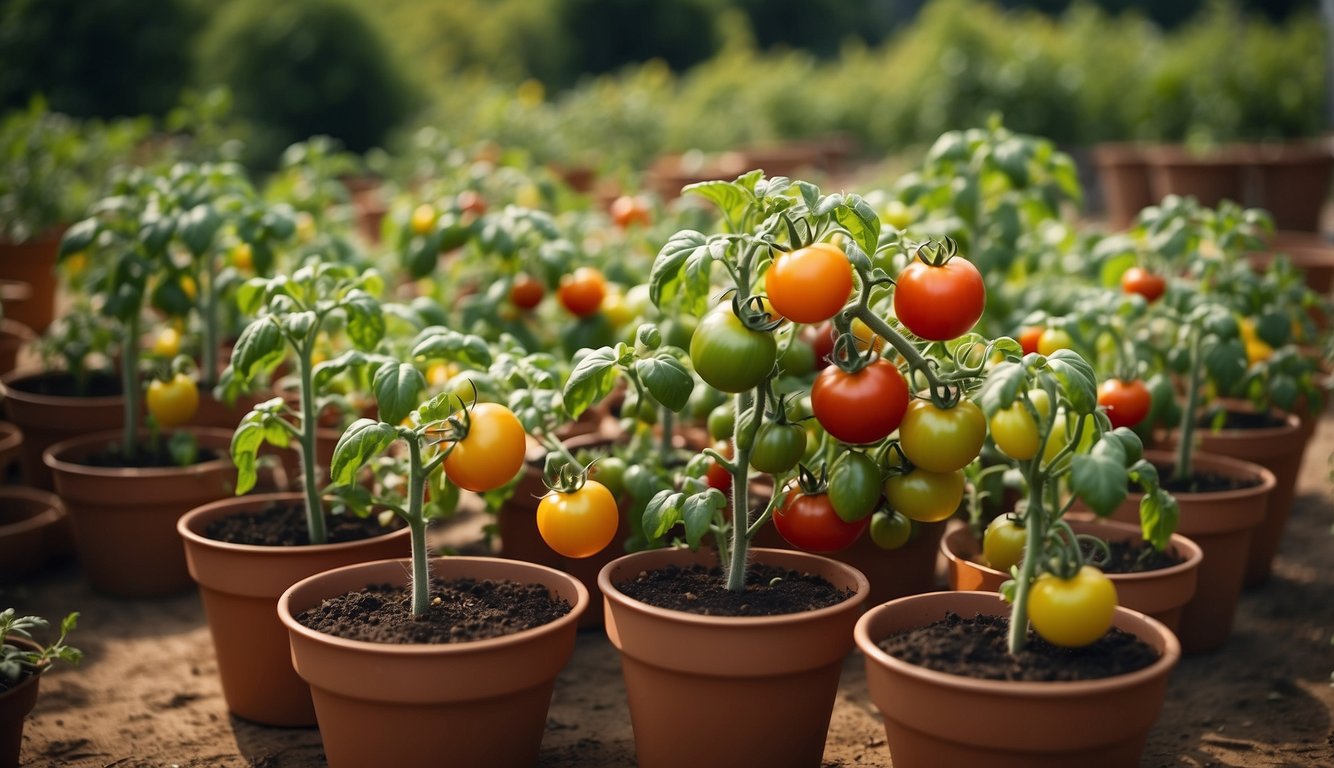 A variety of tomato plants arranged in pots, with different sizes, colors, and shapes of tomatoes growing on the vines