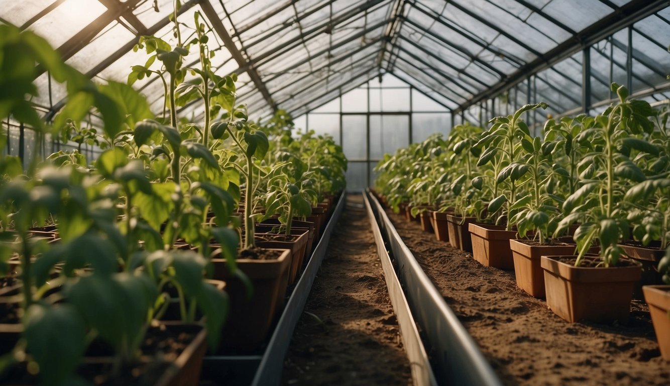 A greenhouse with controlled temperature, humidity, and light. A tomato plant thriving in nutrient-rich soil and receiving regular watering and care