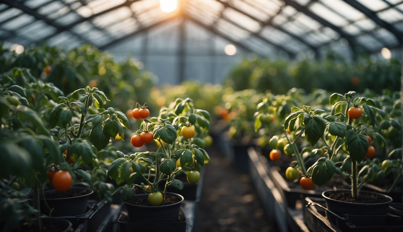 A greenhouse with a thriving tomato plant in winter, surrounded by artificial lighting and temperature control systems