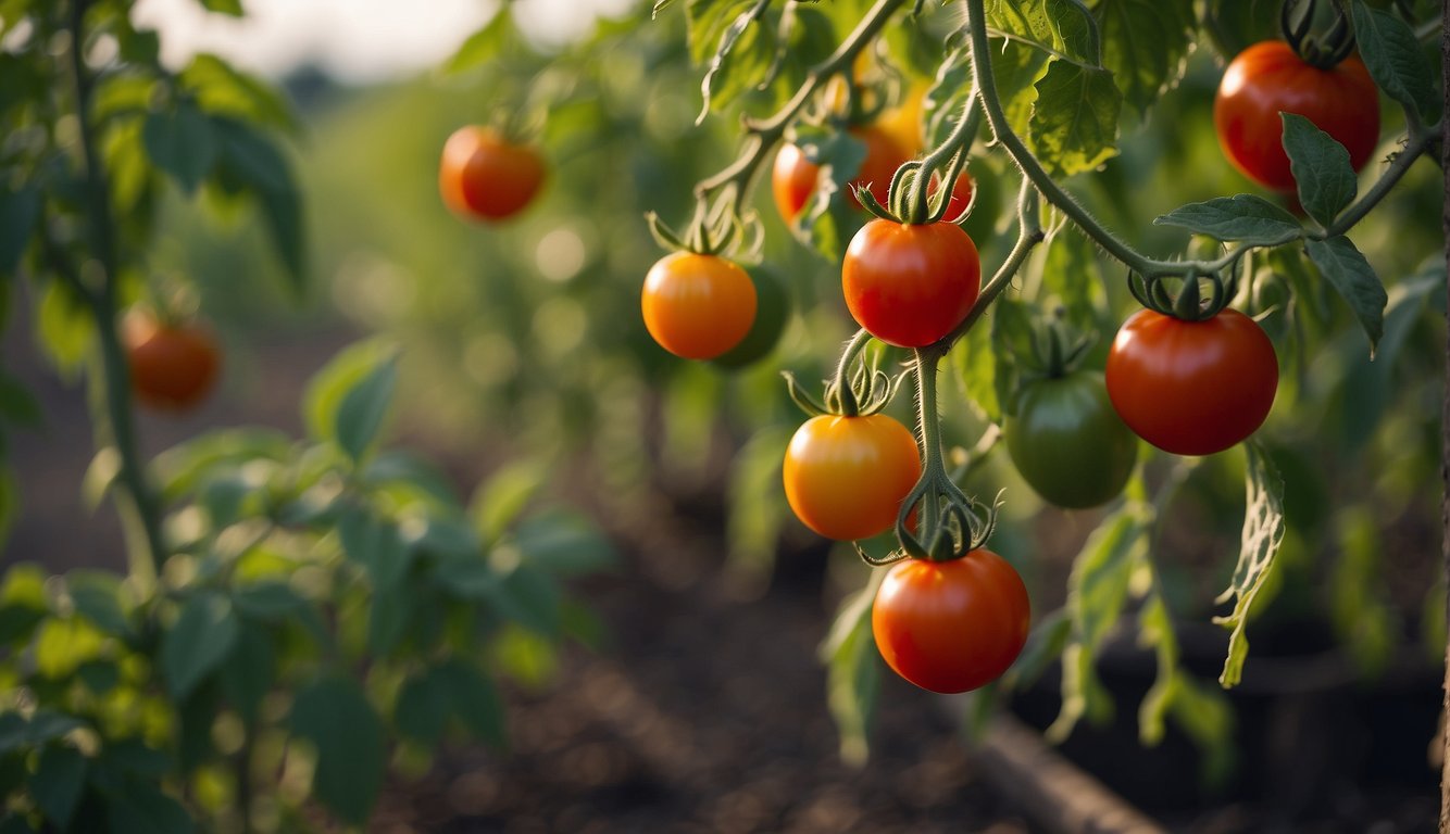 A tomato plant grows from a small seedling to a tall, leafy plant, with ripe red tomatoes hanging from the vines. The changing seasons are depicted through the different stages of growth and care, from planting to harvesting