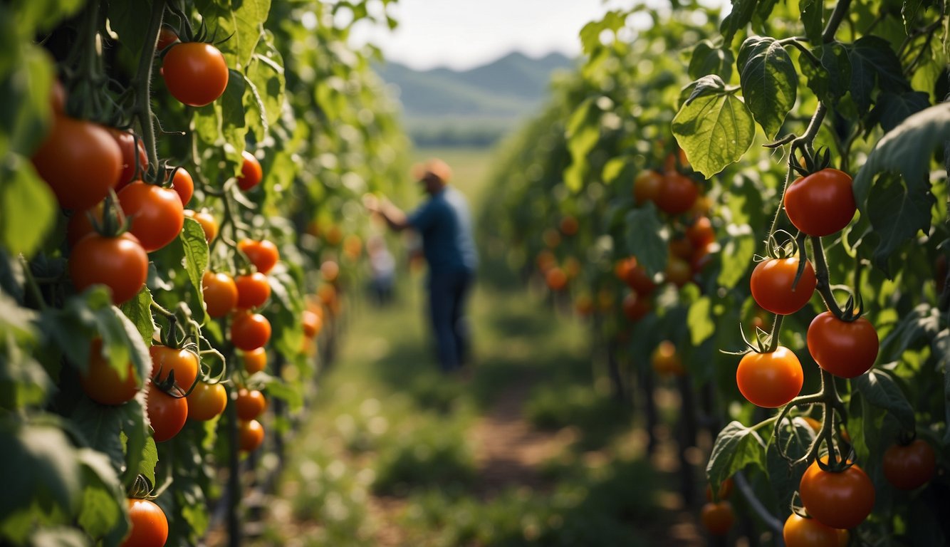 Tomatoes being picked from lush vines, ripe fruits being processed into sauces and canned for year-round use