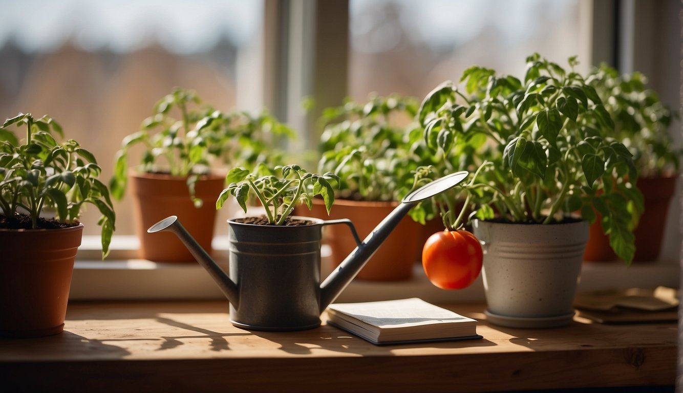 A tomato plant sits in a sunny window, surrounded by pots of soil, a watering can, and a small notebook filled with care instructions. A calendar on the wall marks the passing of the seasons