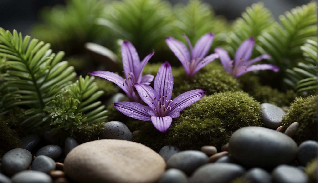 A cluster of ledebouria plants with striped leaves and delicate purple flowers, surrounded by a bed of pebbles and moss