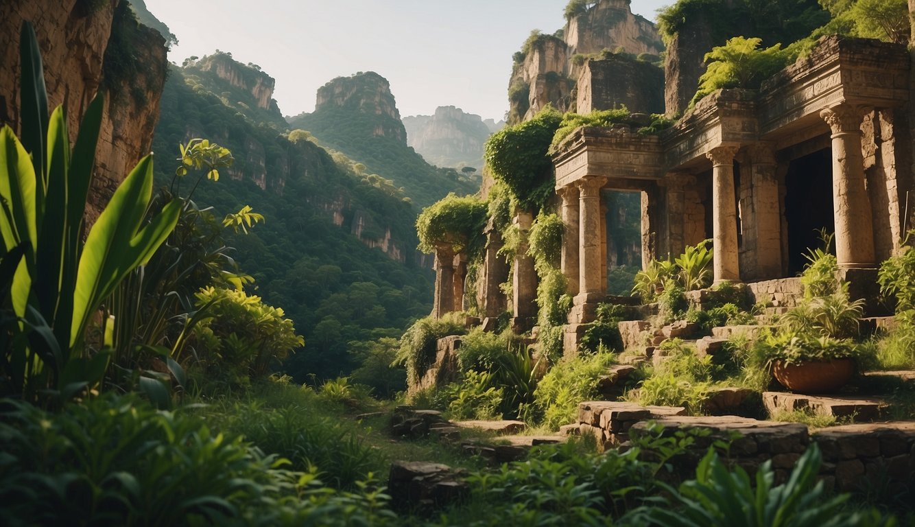 Lush green landscape with ledebouria plants, ancient ruins in the background, and a vibrant cultural symbol adorning the scene