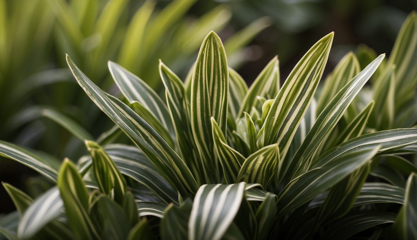 A cluster of ledebouria plants with striped leaves, set against a neutral background