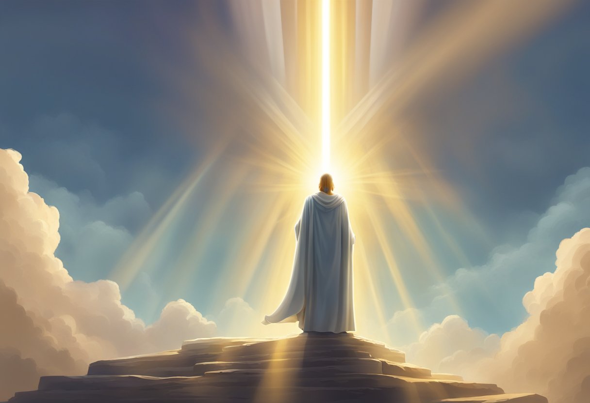 A radiant beam of light shines down from the heavens, illuminating a figure below in a moment of divine favor