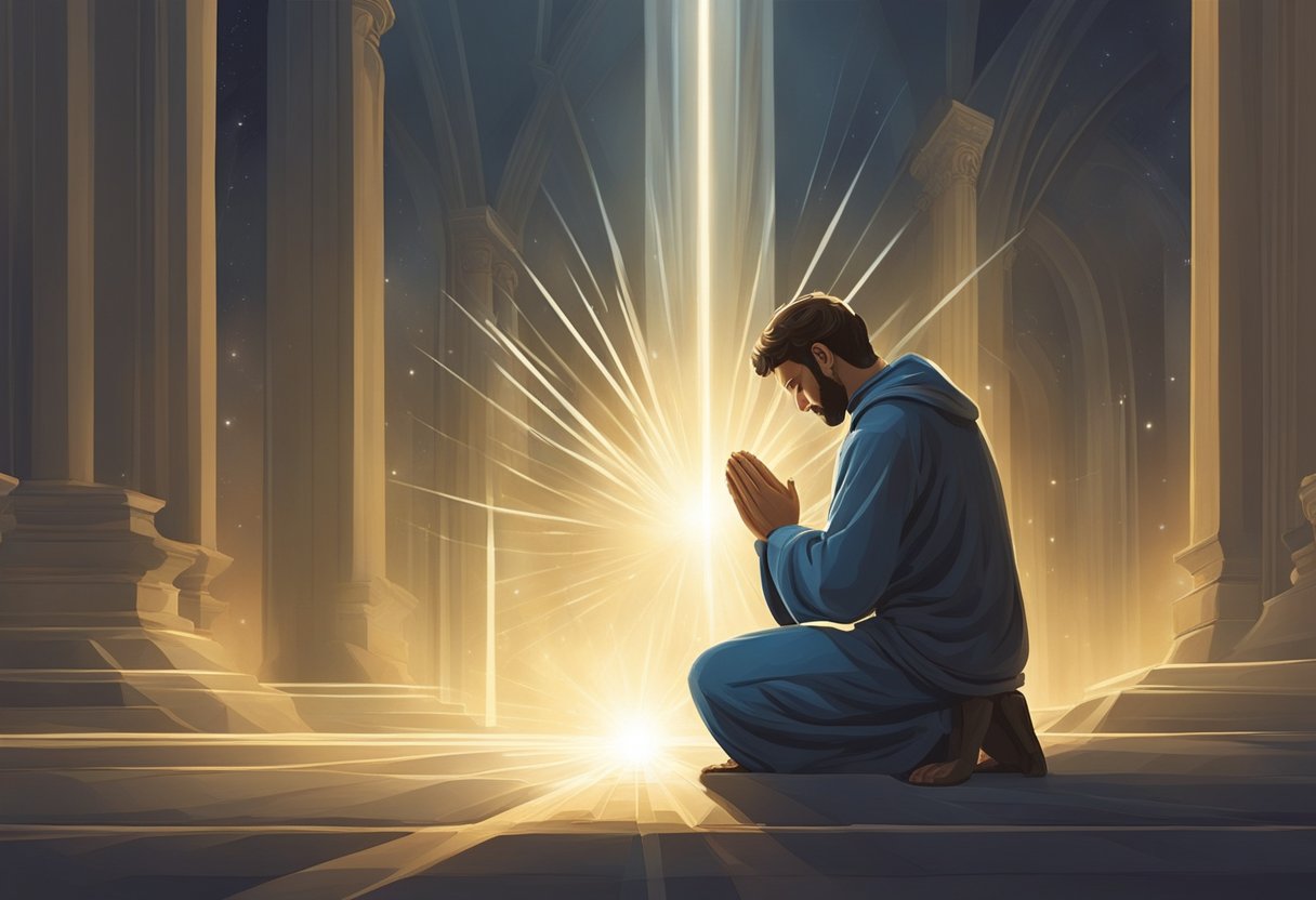 A figure kneels in prayer, surrounded by rays of light, with a sense of reverence and anticipation for divine favor