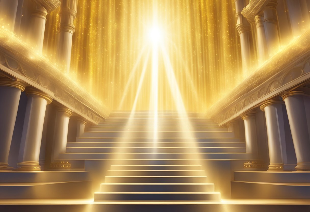 A radiant beam of light shines down from the heavens, illuminating a path of golden sparkles leading towards a majestic throne. The air is filled with an aura of divine favor, as seen through the shimmering glow surrounding the scene