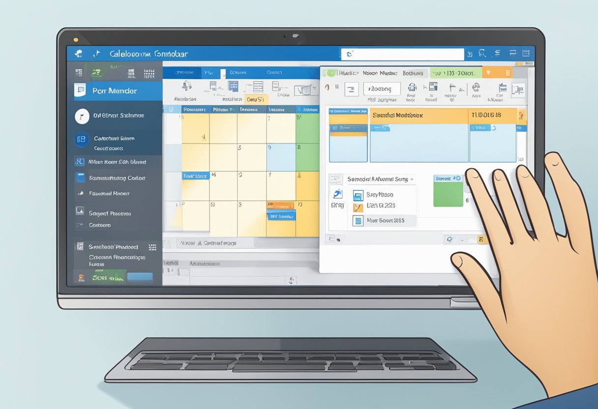 A computer screen displaying the Outlook calendar with a reminder pop-up window. A mouse cursor clicking on the "Send Reminder" button