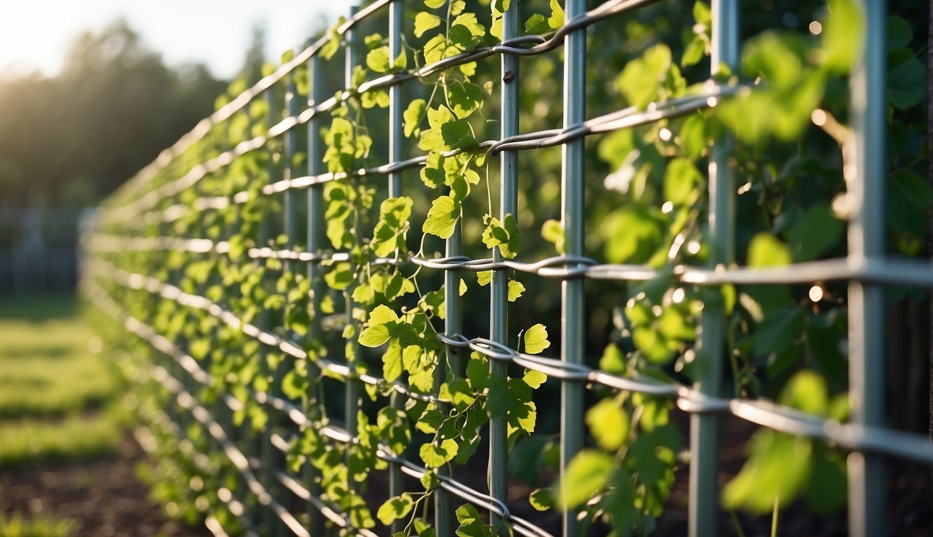 Green vines weaving through metal cattle panels in a garden. Sturdy wooden posts anchor the trellis in the ground